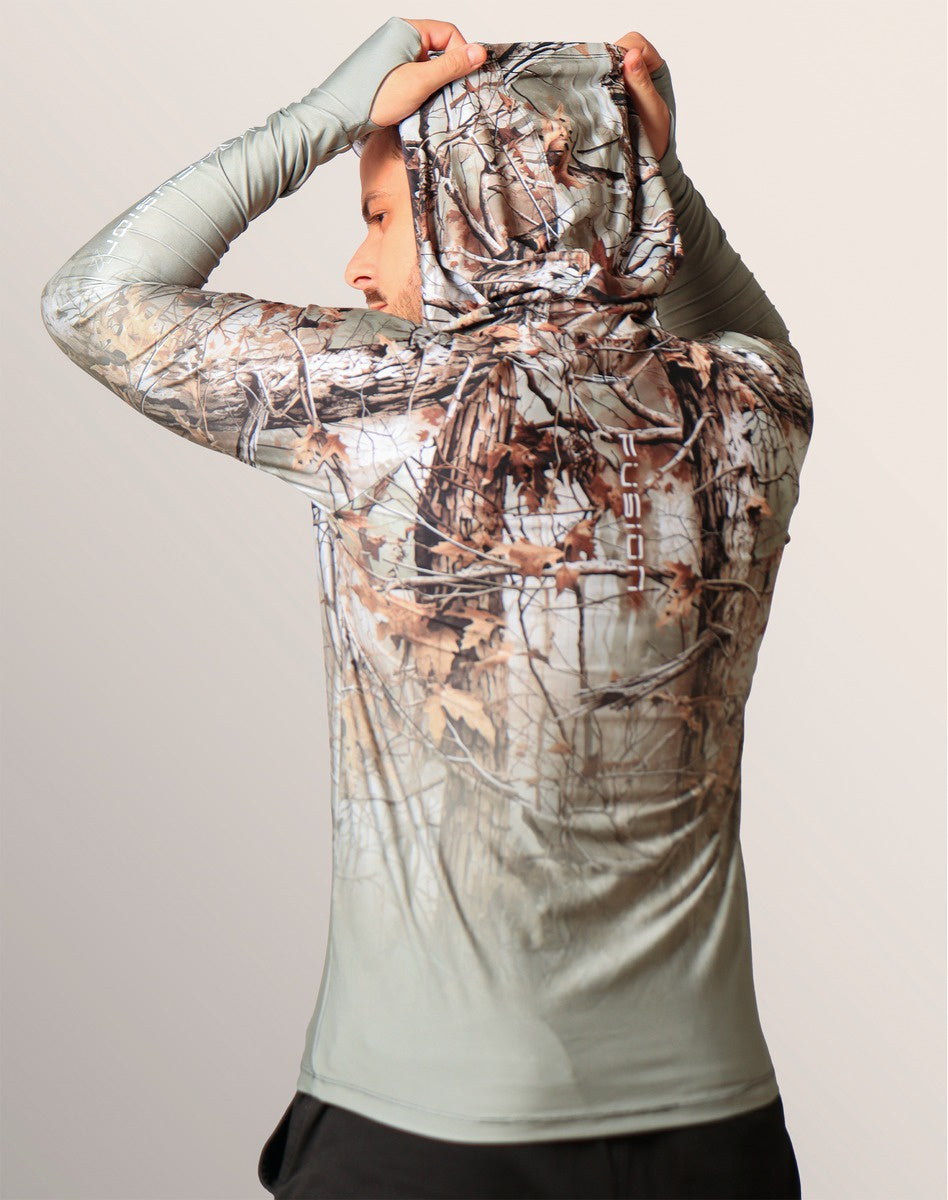 Camisa FusionX Brk Hunter Real Tree Camuflado com Capuz e Proteção UV50+