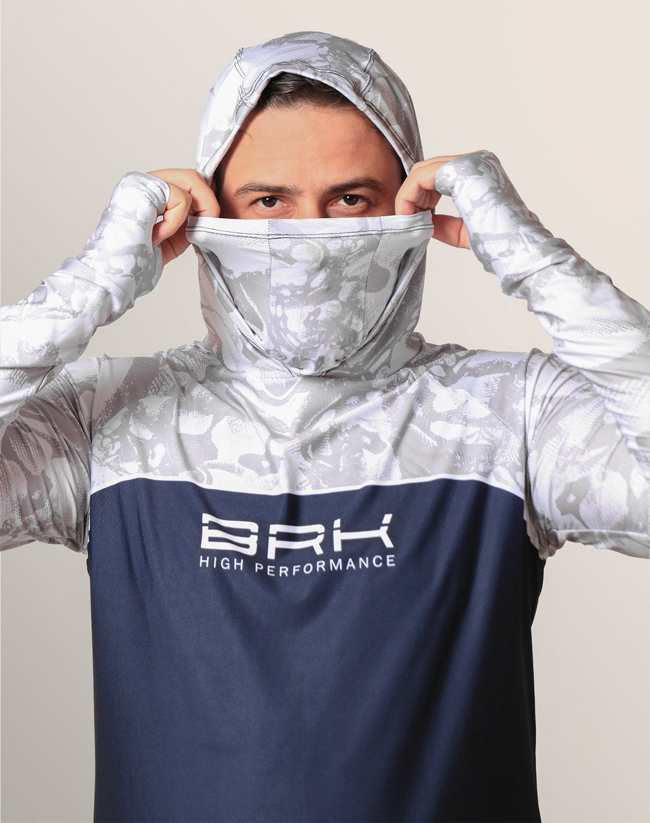 Camisa FusionX Brk Deep Camuflada Branco Azul com Capuz e Proteção UV50+