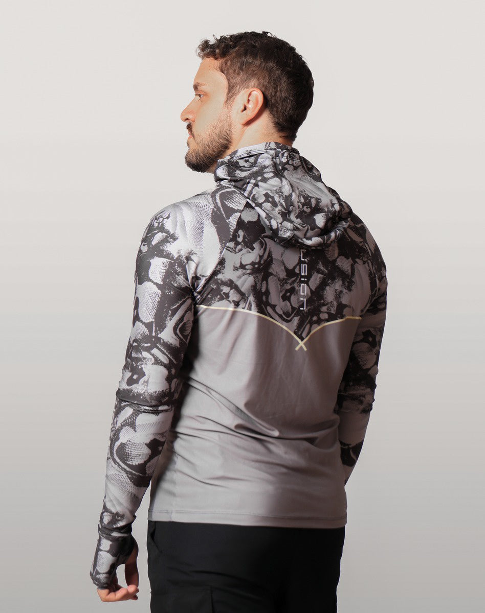 Camisa FusionX Brk Deep Cinza Camuflado com Capuz e Proteção UV50+
