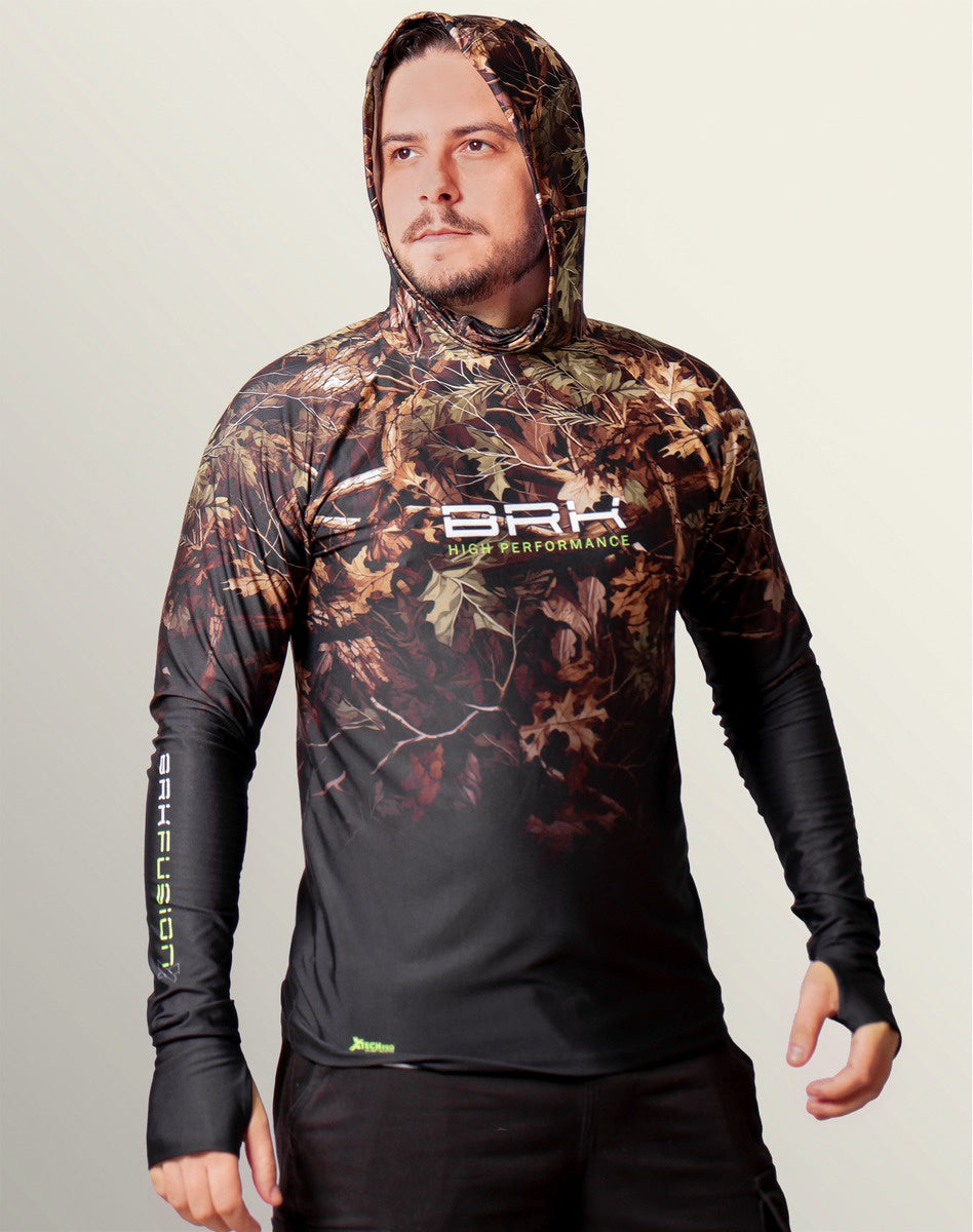 Camisa FusionX Brk Hunter Camu Floresta Preta com Capuz e Proteção UV50+