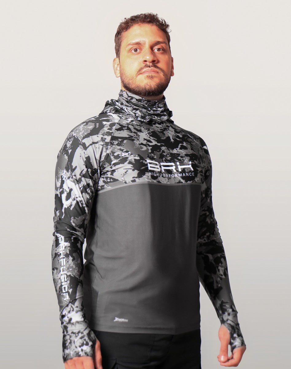 Camisa FusionX Brk Marine Camu Chumbo com Capuz e Proteção UV50+
