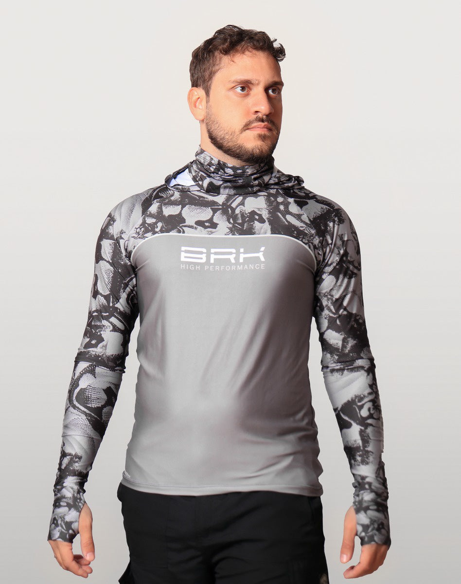 Camisa FusionX Brk Deep Cinza Camuflado com Capuz e Proteção UV50+