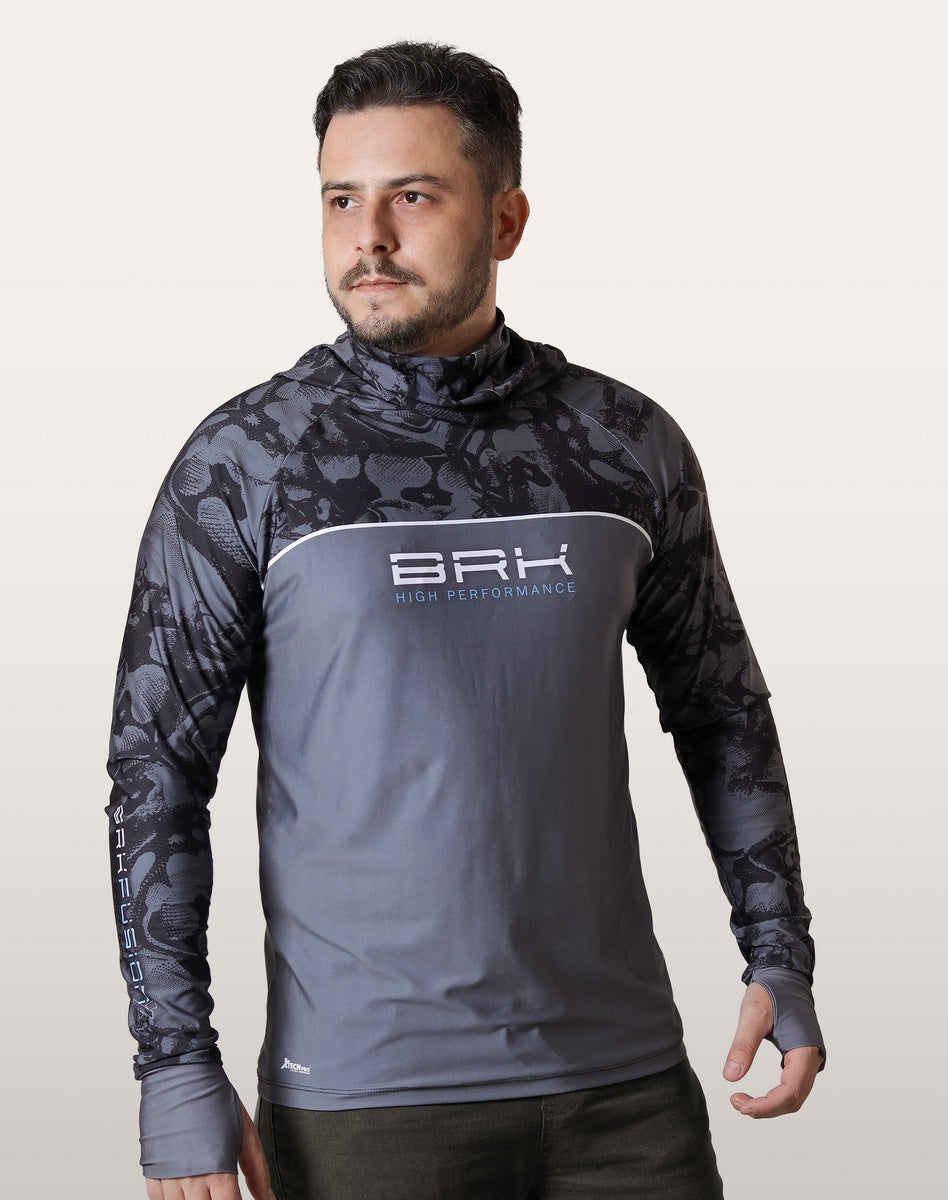 Camisa FusionX Brk Deep Camuflada Parcial Cinza com Capuz e Proteção UV50+