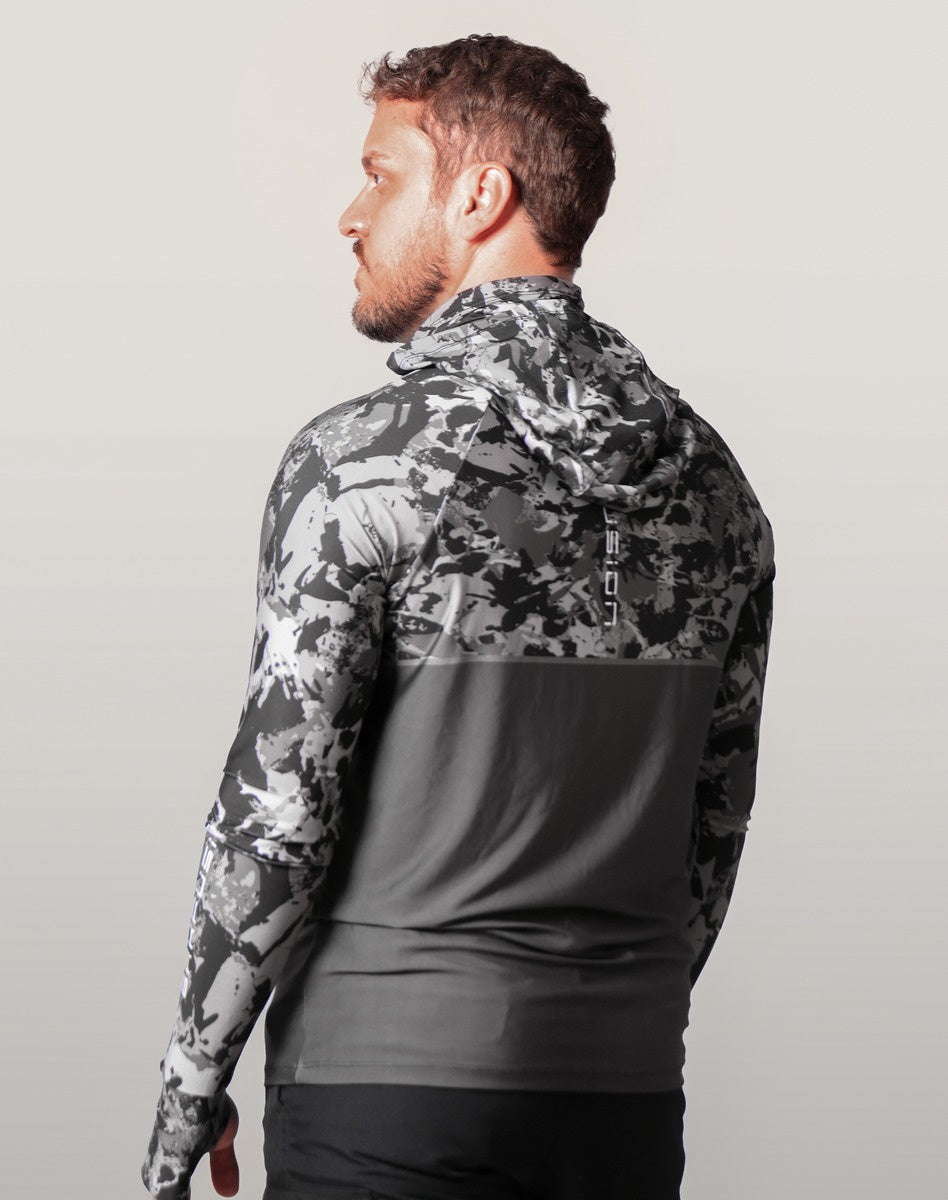 Camisa FusionX Brk Marine Camu Chumbo com Capuz e Proteção UV50+