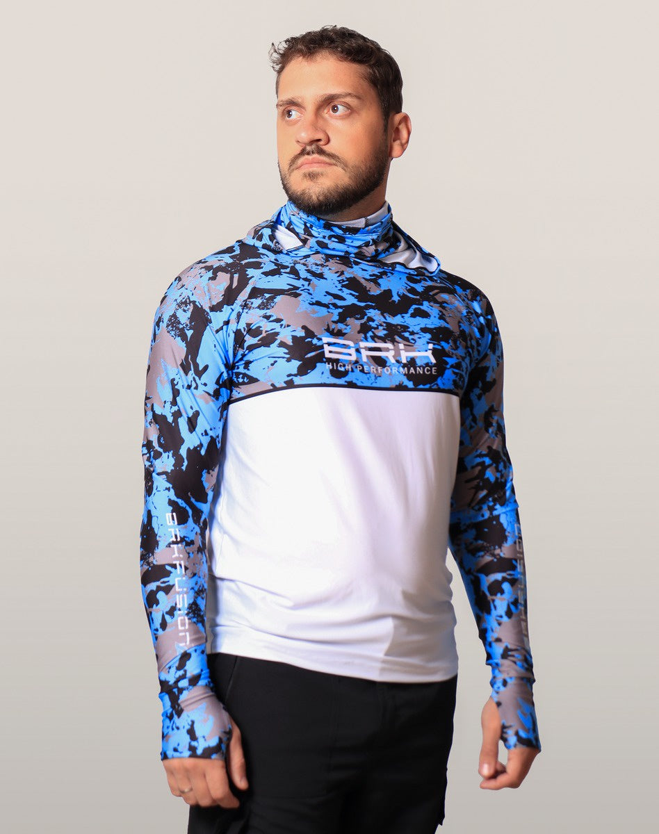 Camisa FusionX Brk Marine Camuflada Azul Branco com Capuz e Proteção UV50+