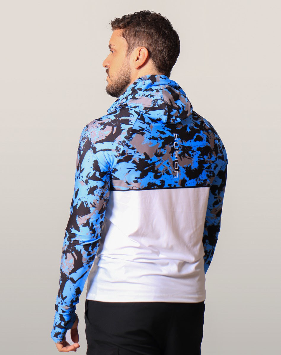 Camisa FusionX Brk Marine Camuflada Azul Branco com Capuz e Proteção UV50+