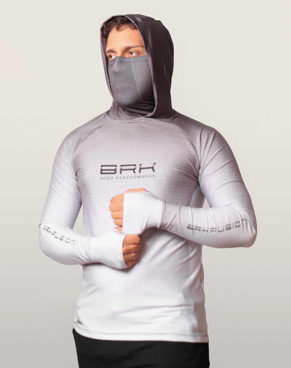 Camisa FusionX Brk Clean Branca e Cinza com Capuz e Proteção UV50+