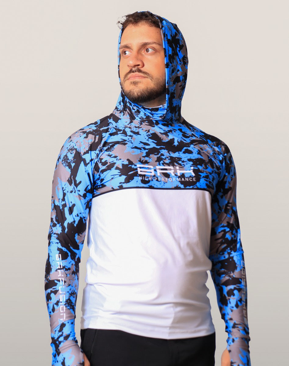 Camisa FusionX Brk Marine Camuflada Azul Branco com Capuz e Proteção UV50+