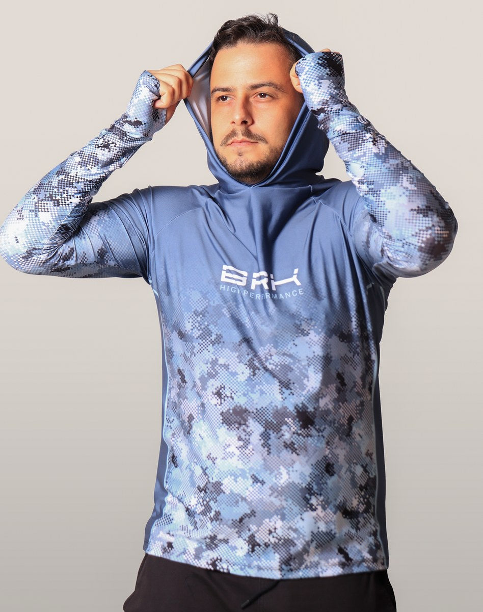 Camisa FusionX Brk Deep Camuflada Azul com Capuz e Proteção UV50+