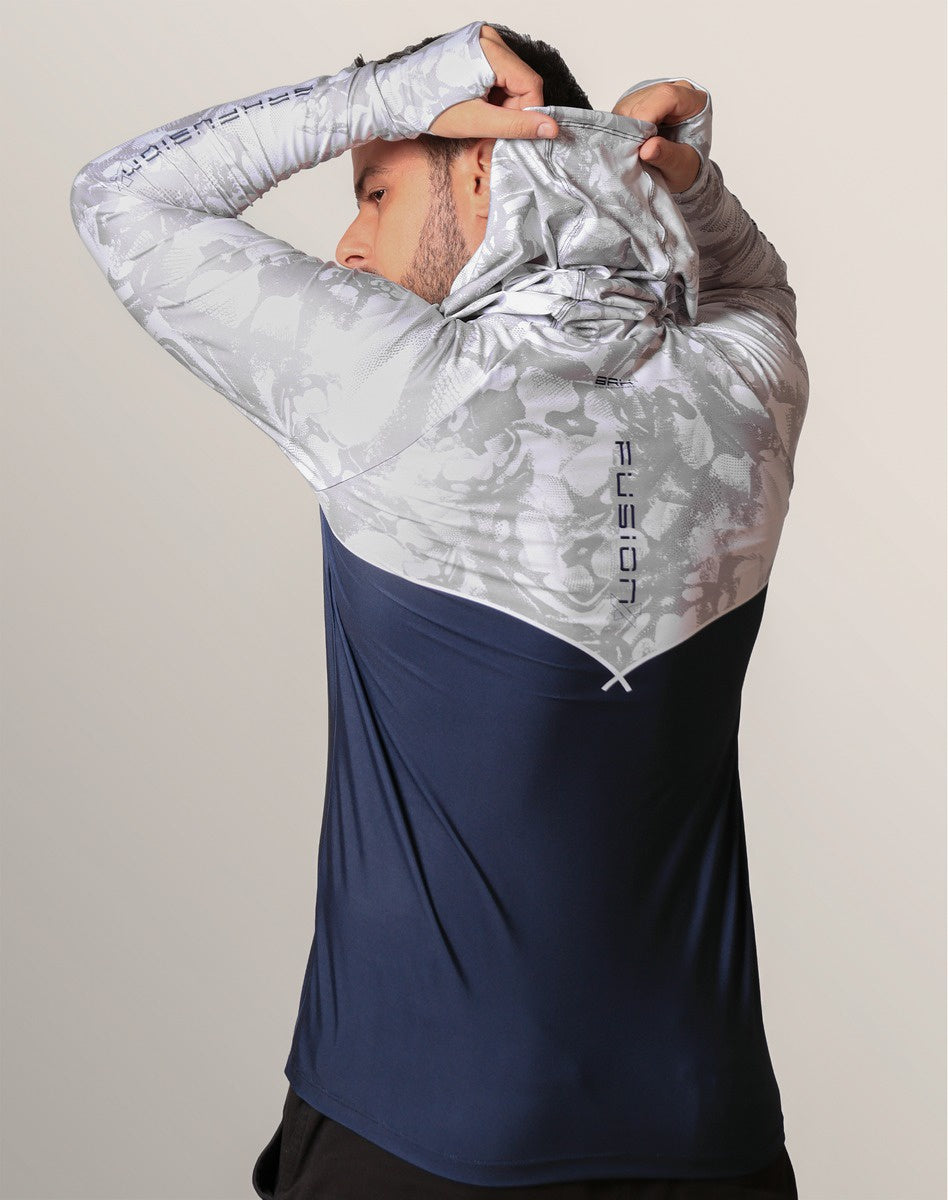 Camisa FusionX Brk Deep Camuflada Branco Azul com Capuz e Proteção UV50+