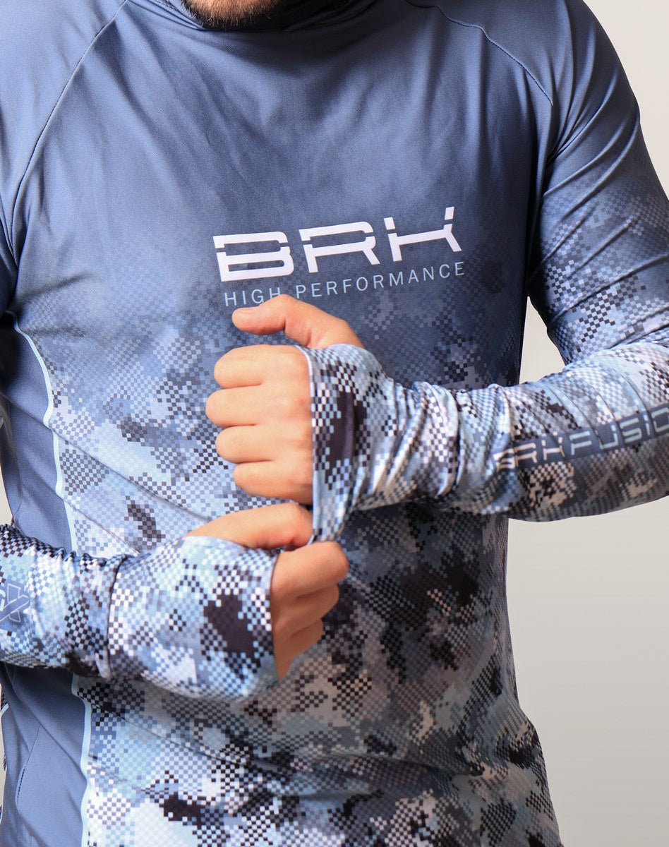 Camisa FusionX Brk Deep Camuflada Azul com Capuz e Proteção UV50+