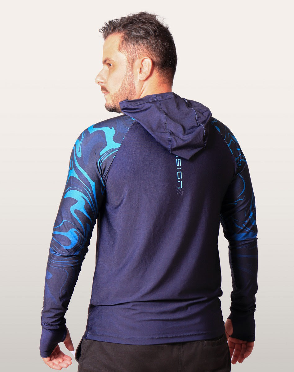 Camisa FusionX Brk Camo Distorções Azul com Capuz e Proteção UV50+