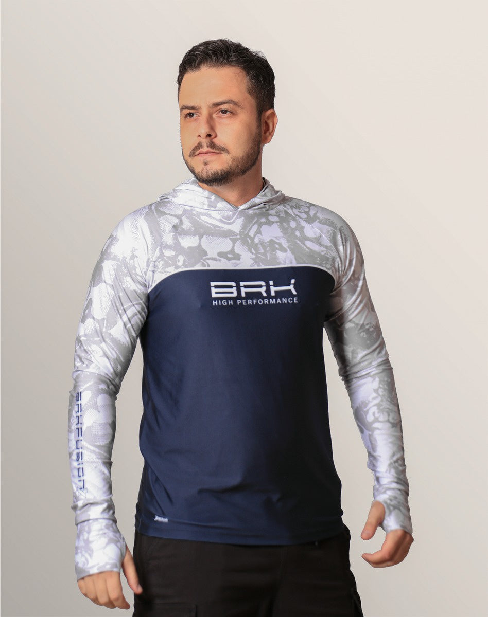 Camisa FusionX Brk Deep Camuflada Branco Azul com Capuz e Proteção UV50+