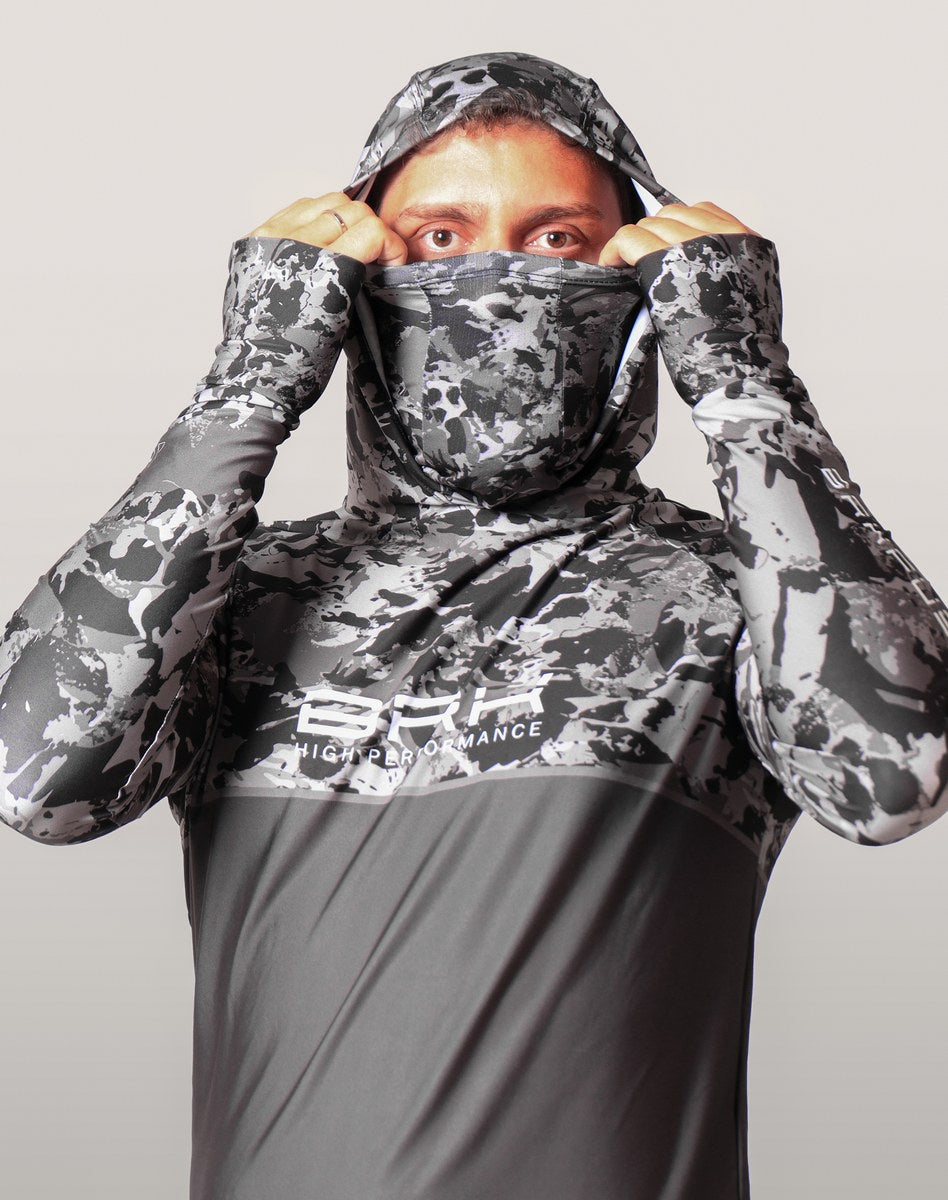 Camisa FusionX Brk Marine Camu Chumbo com Capuz e Proteção UV50+