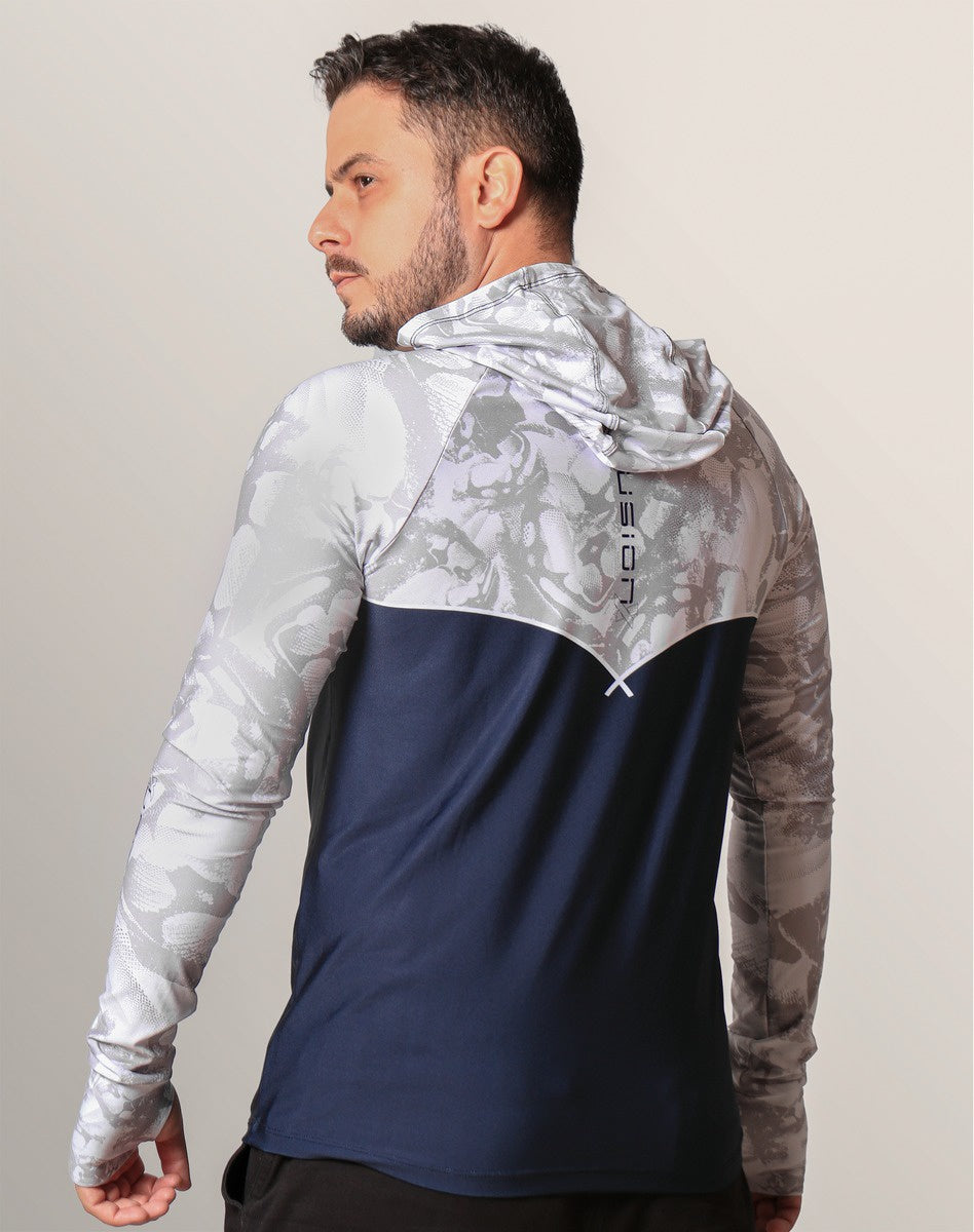 Camisa FusionX Brk Deep Camuflada Branco Azul com Capuz e Proteção UV50+