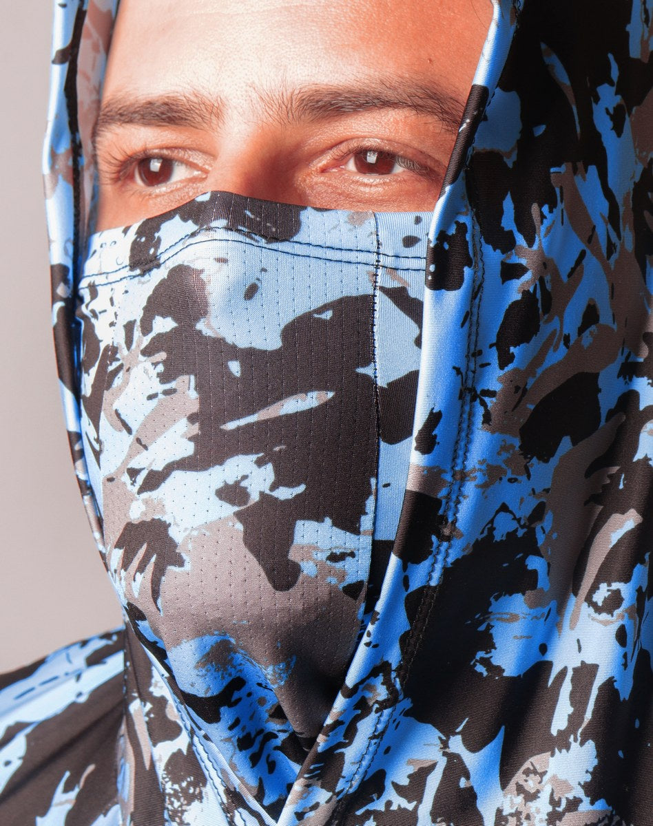 Camisa FusionX Brk Marine Camuflada Azul Branco com Capuz e Proteção UV50+