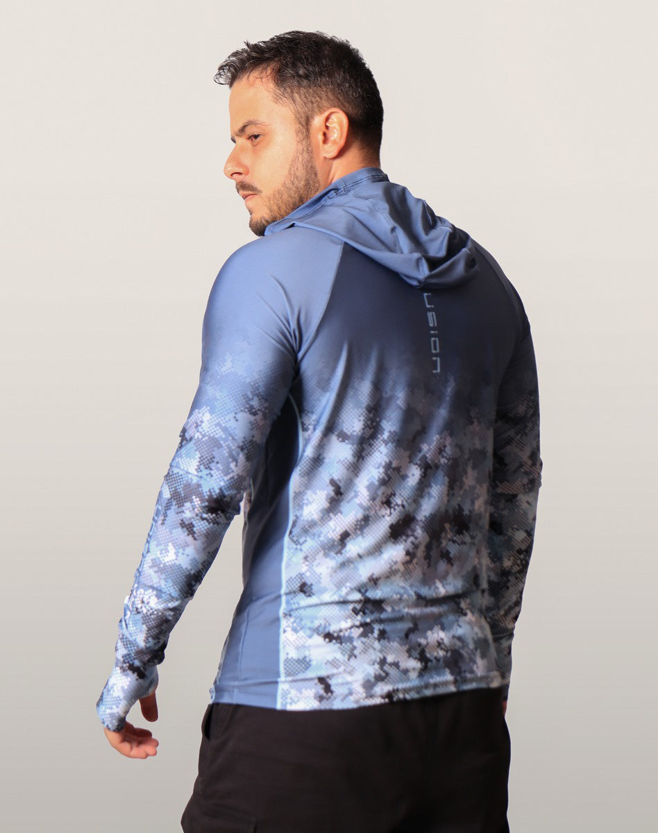 Camisa FusionX Brk Deep Camuflada Azul com Capuz e Proteção UV50+