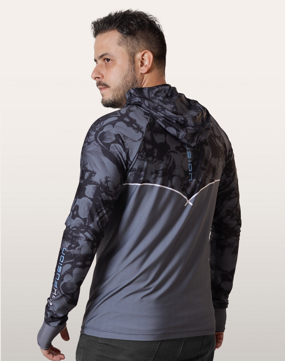 Camisa FusionX Brk Deep Camuflada Parcial Cinza com Capuz e Proteção UV50+