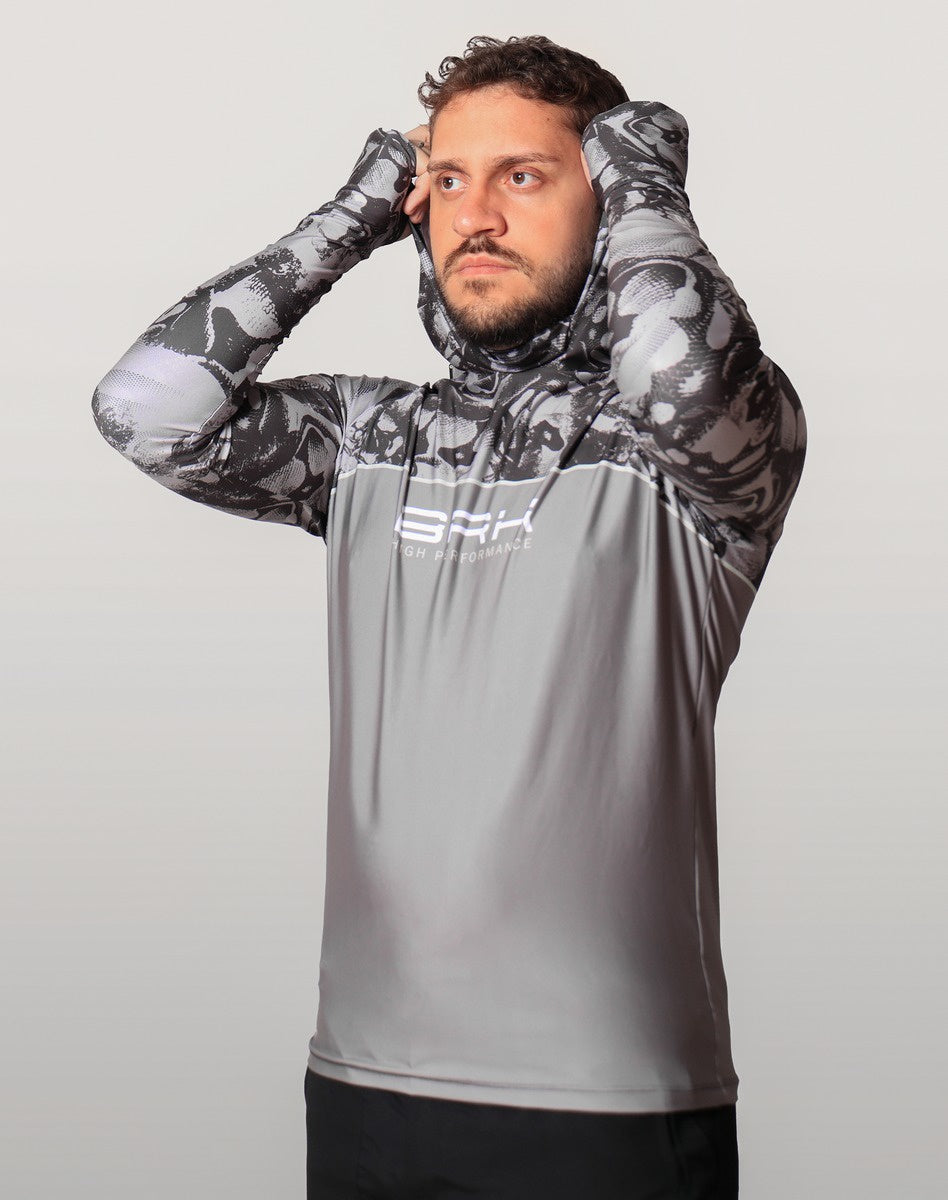 Camisa FusionX Brk Deep Cinza Camuflado com Capuz e Proteção UV50+