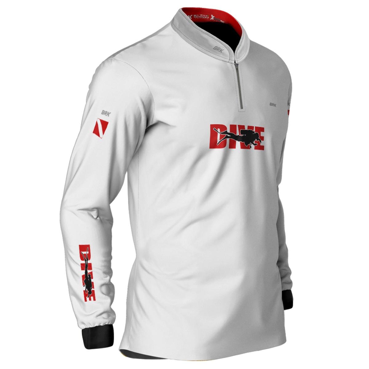 Camisa de Pesca Brk 'Dive' Branca e Vermelha com UV50+