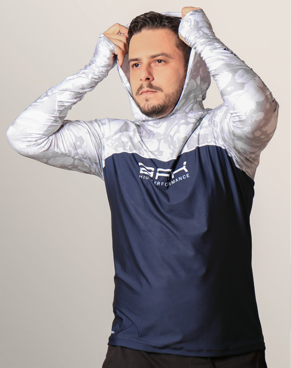 Camisa FusionX Brk Deep Camuflada Branco Azul com Capuz e Proteção UV50+