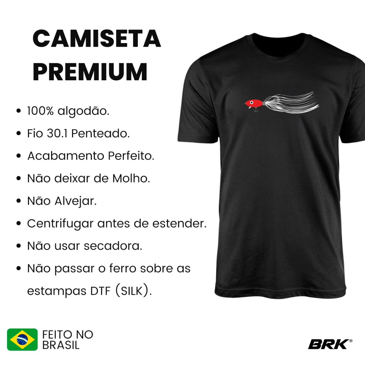 Camiseta de Pesca Brk Fishing Isca Artificial Moderna Jig Head com Algodão Premium