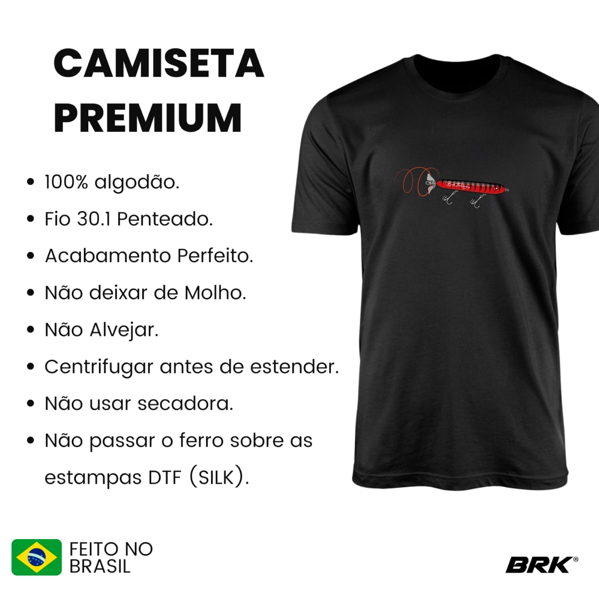 Camiseta de Pesca Brk Fishing Isca Artificial Realista com Algodão Premium