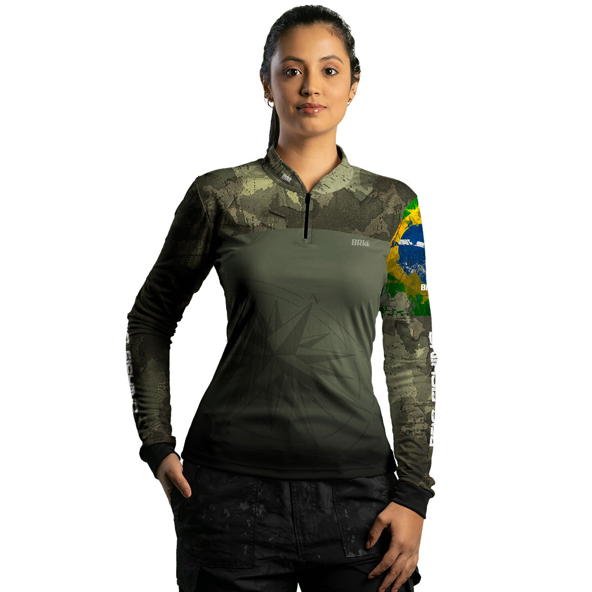 Camisa Feminina  Agro Brk Bussola Brasil Camuflada com Proteção Solar UV50+