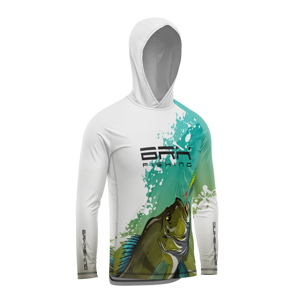 Camisa de Pesca com Capuz Brk Branca e Verde Tucunaré Azul com Proteção Solar UV50+