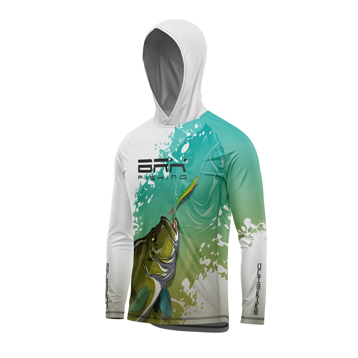 Camisa de Pesca com Capuz Brk Branca e Verde Tucunaré Azul com Proteção Solar UV50+