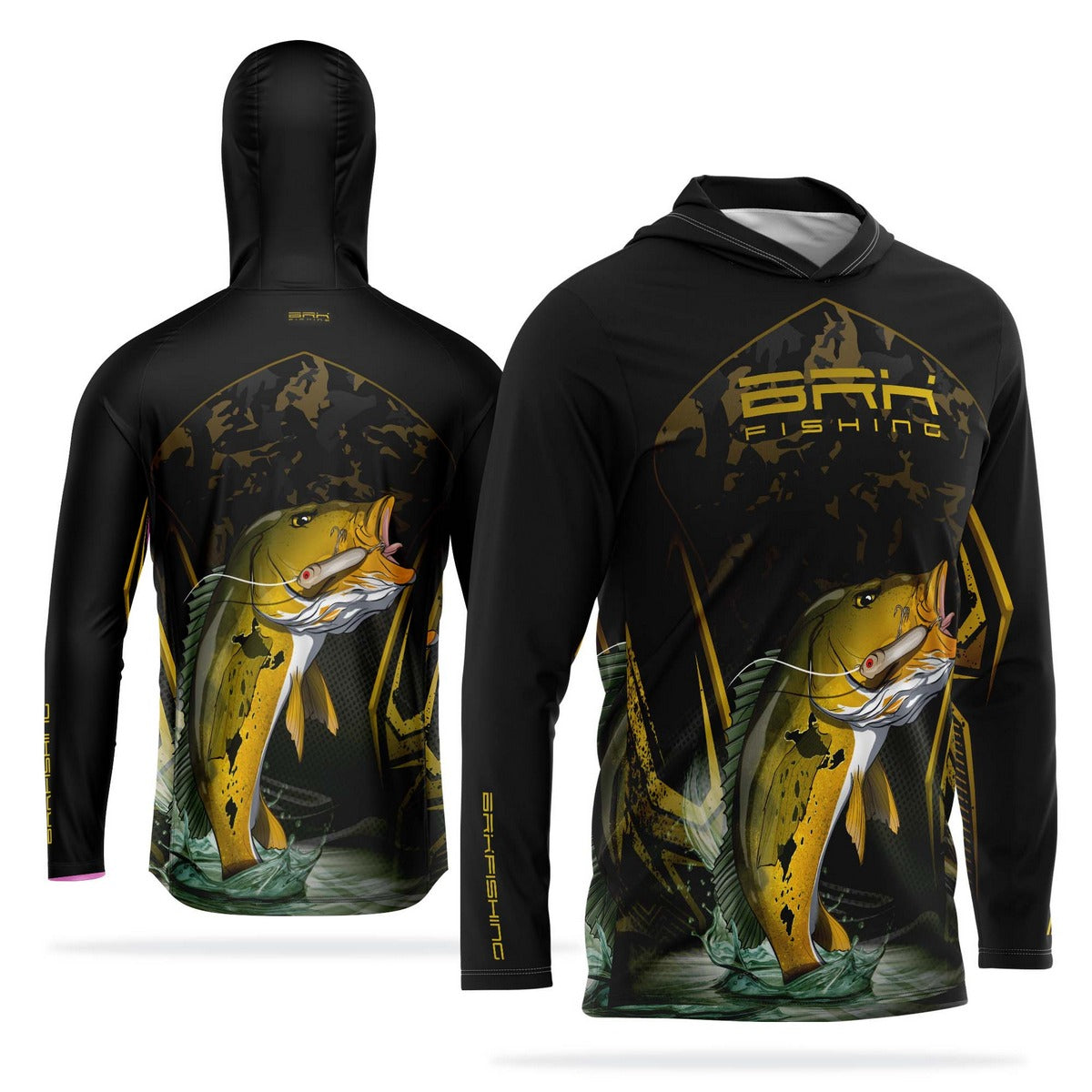 Camisa de Pesca com Capuz Brk Preta Tucunaré Amarelo com Proteção Solar UV50+