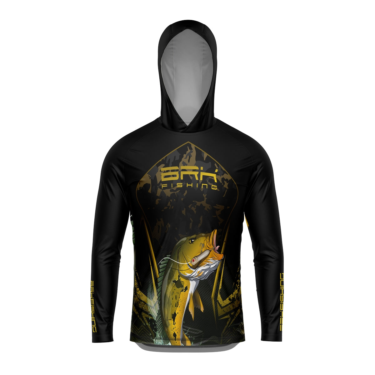 Camisa de Pesca com Capuz Brk Preta Tucunaré Amarelo com Proteção Solar UV50+