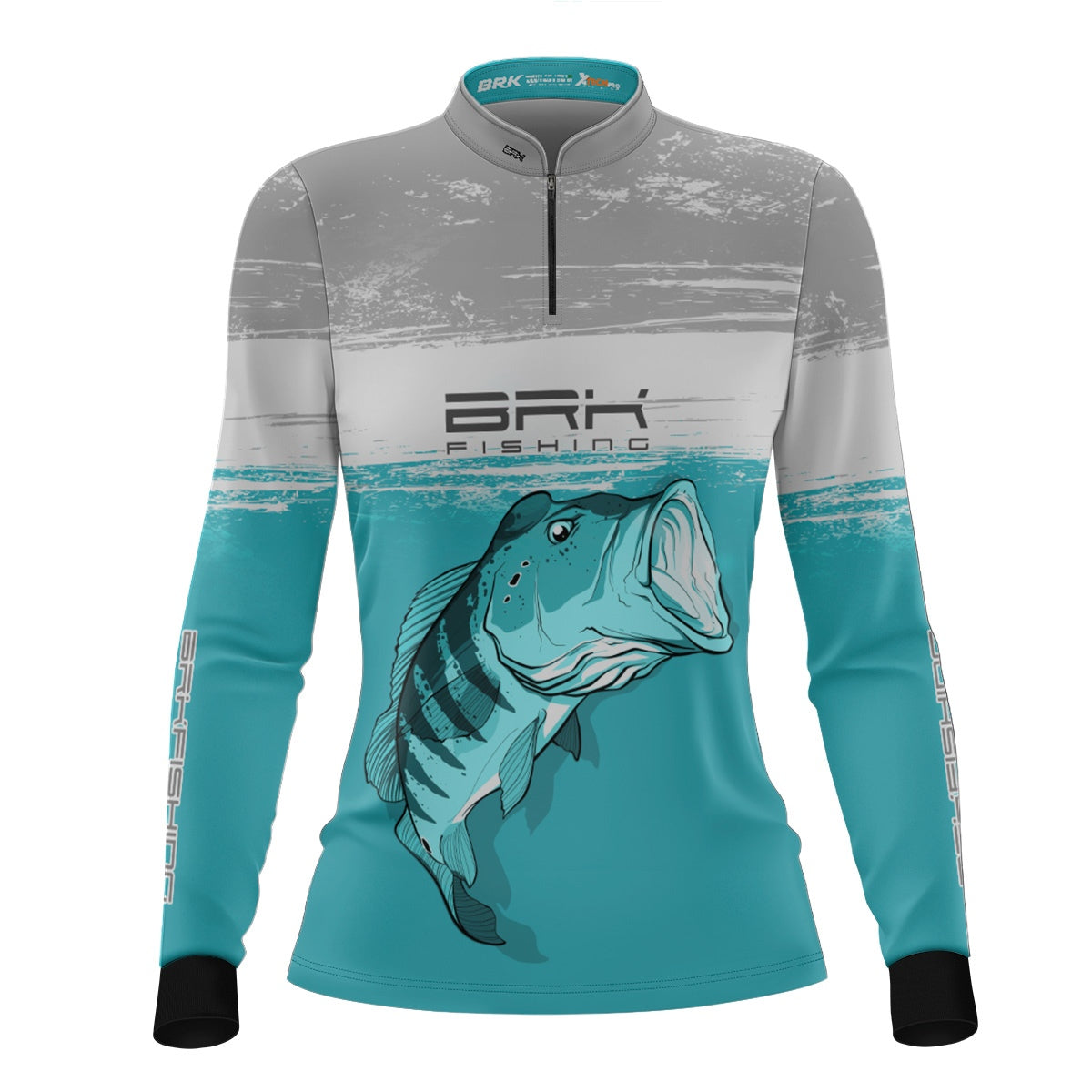 Camisa de Pesca Feminina Brk Branca e Ciano Tucunaré Azul com UV50+