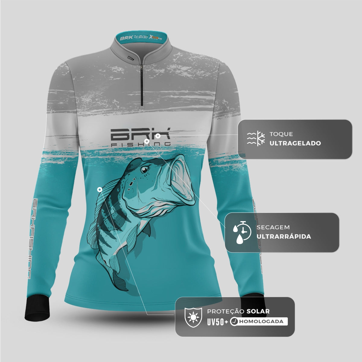 Camisa de Pesca Feminina Brk Branca e Ciano Tucunaré Azul com UV50+