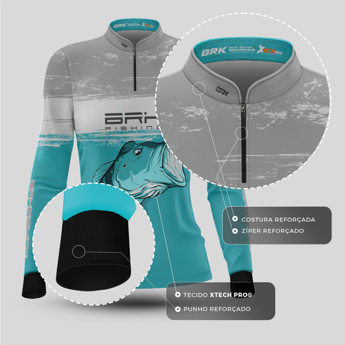 Camisa de Pesca Feminina Brk Branca e Ciano Tucunaré Azul com UV50+