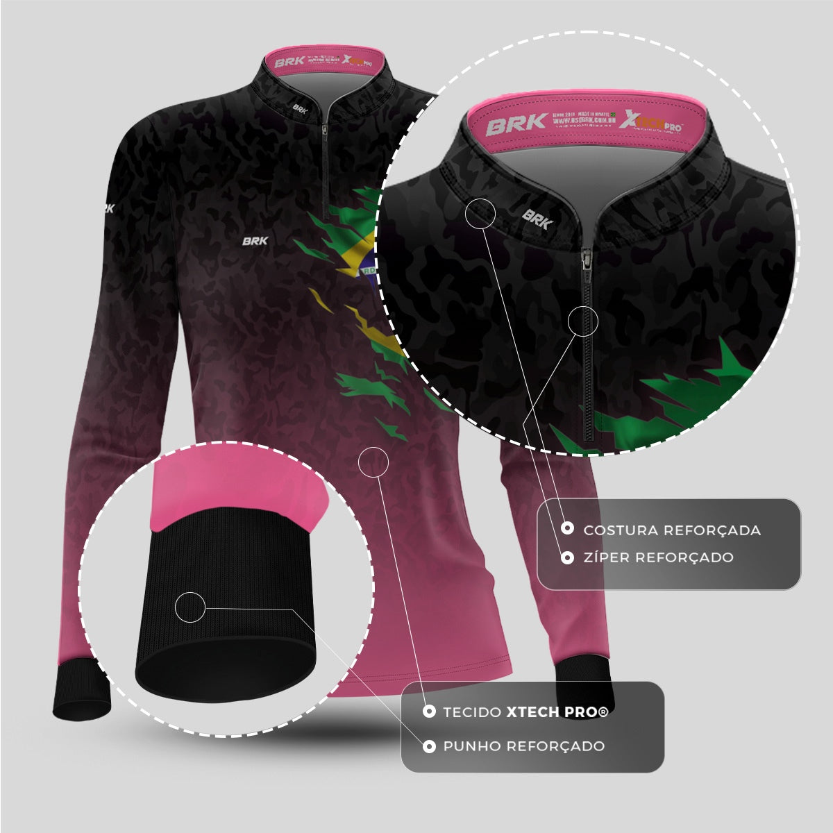 Camisa Feminina Agro Brk Camuflado Preto e Rosa Bandeira do Brasil com Proteção Solar UV50+
