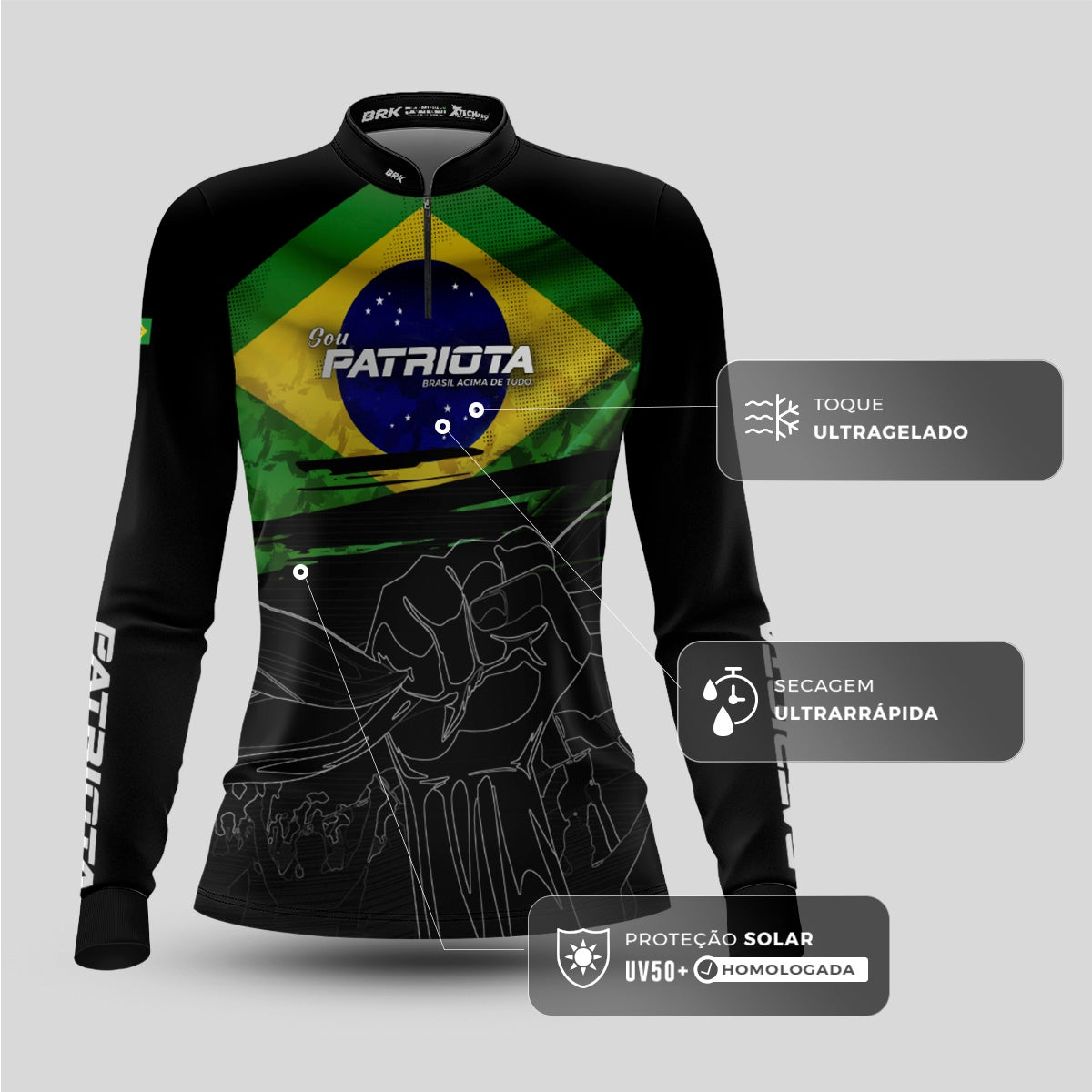 Camisa Agro Feminina Brk Básica Patriota Preta Bandeira do Brasil com Proteção UV50+