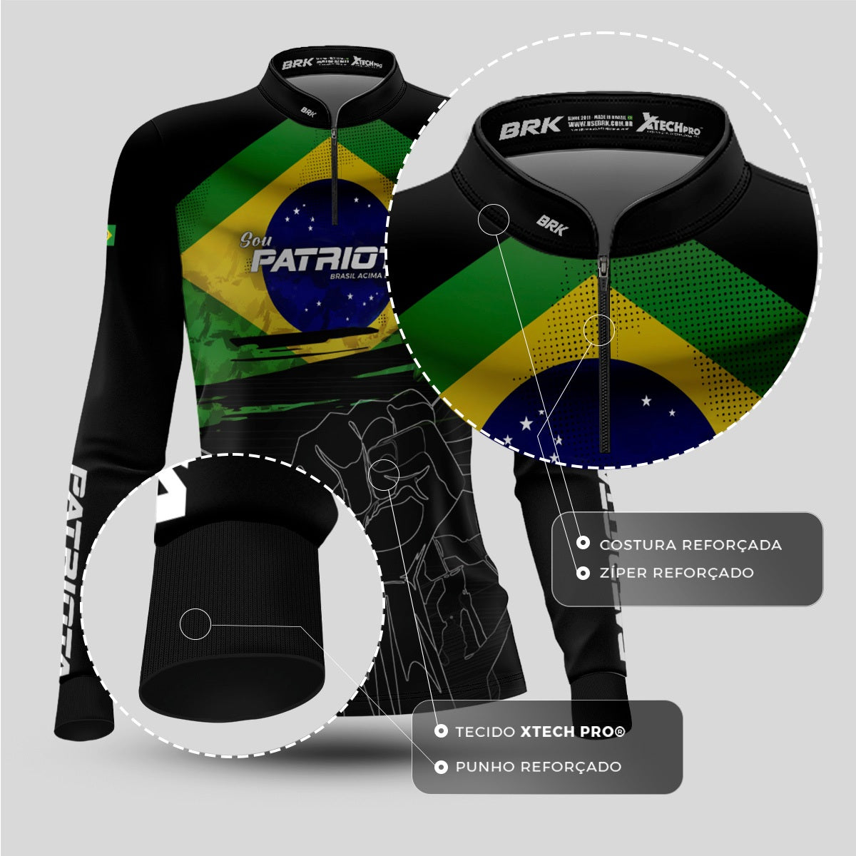 Camisa Agro Feminina Brk Básica Patriota Preta Bandeira do Brasil com Proteção UV50+