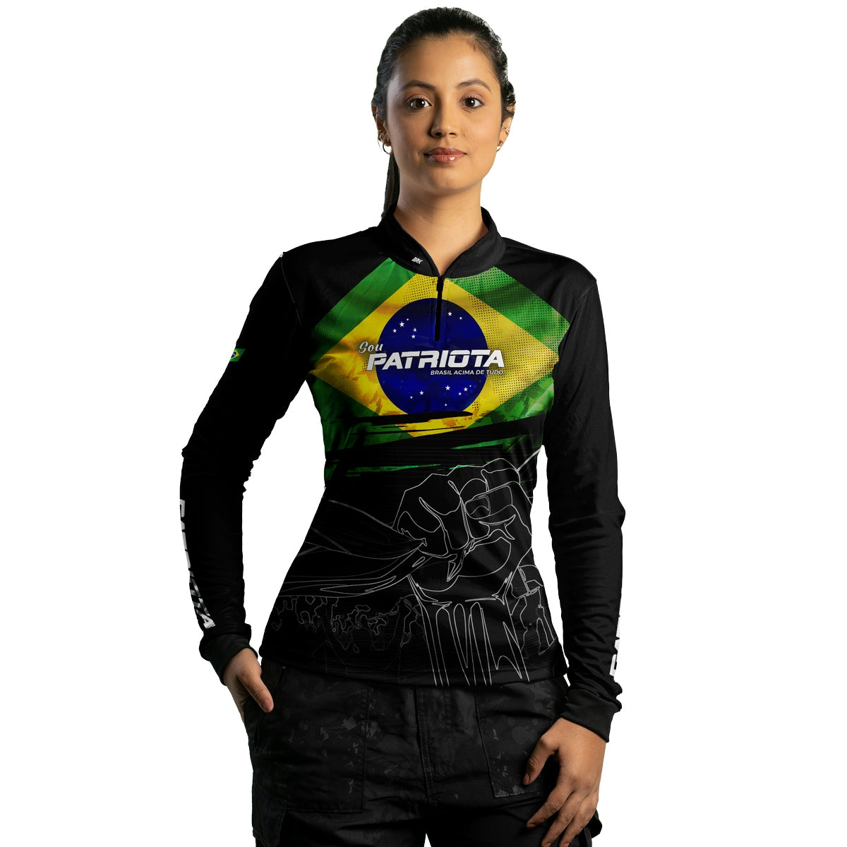 Camisa Agro Feminina Brk Básica Patriota Preta Bandeira do Brasil com Proteção UV50+
