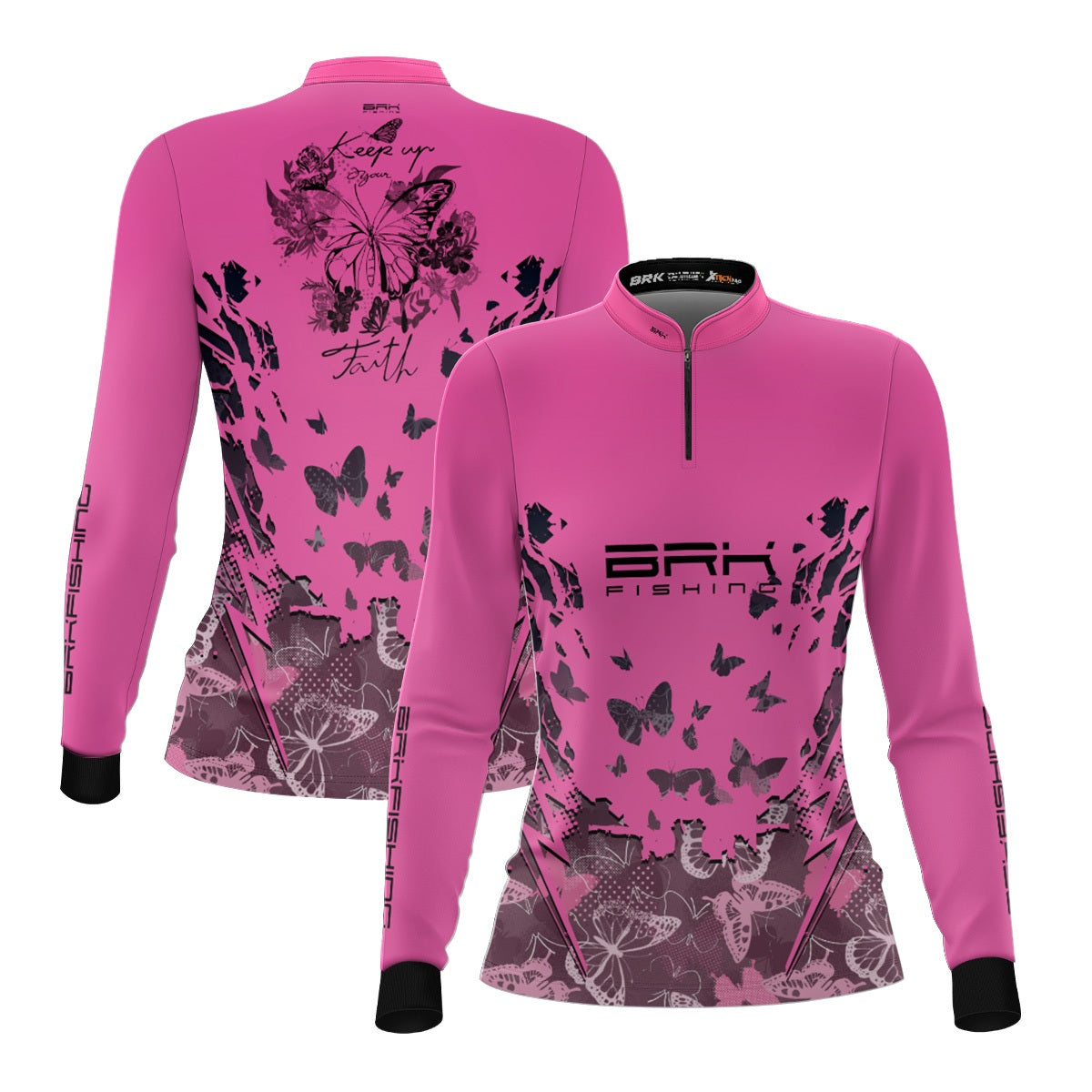 Camisa Feminina de Pesca Preta e Rosa Brk Tucunaré com UV50+