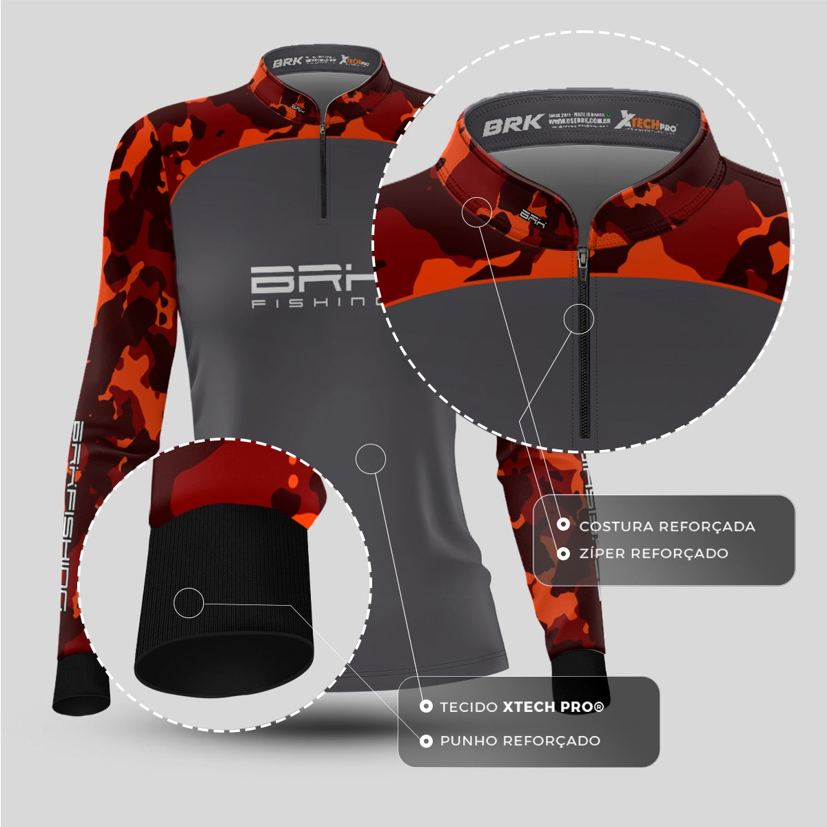 Camisa Feminina de Pesca  Brk Laranja Camuflado e Cinza com UV50+