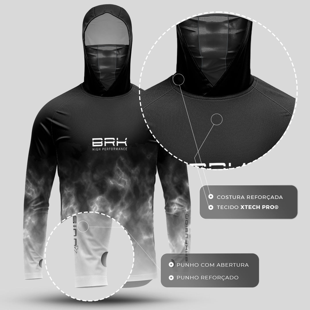 Camisa FusionX Brk Galaxy Efeito Mármore Preta e Branco com Capuz e Proteção UV50+