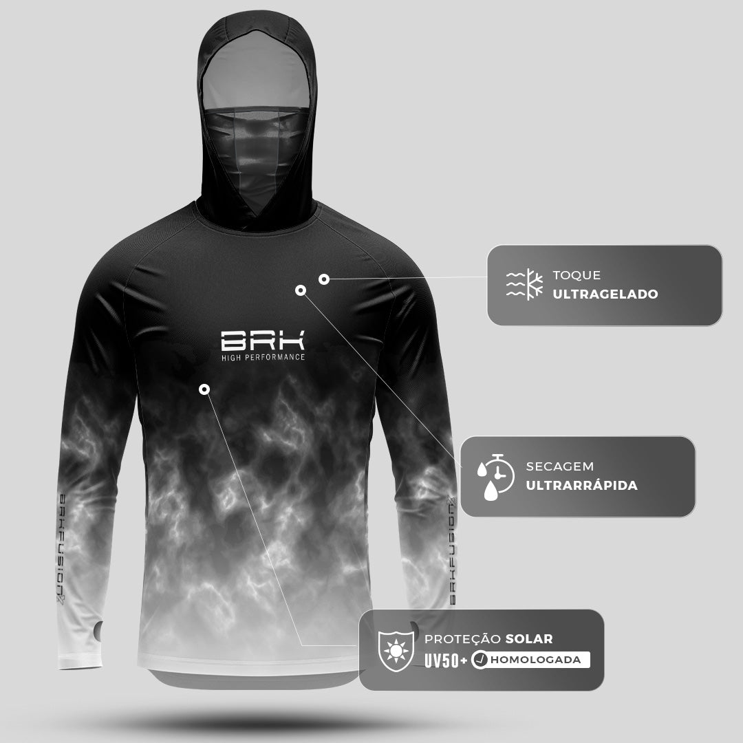Camisa FusionX Brk Galaxy Efeito Mármore Preta e Branco com Capuz e Proteção UV50+