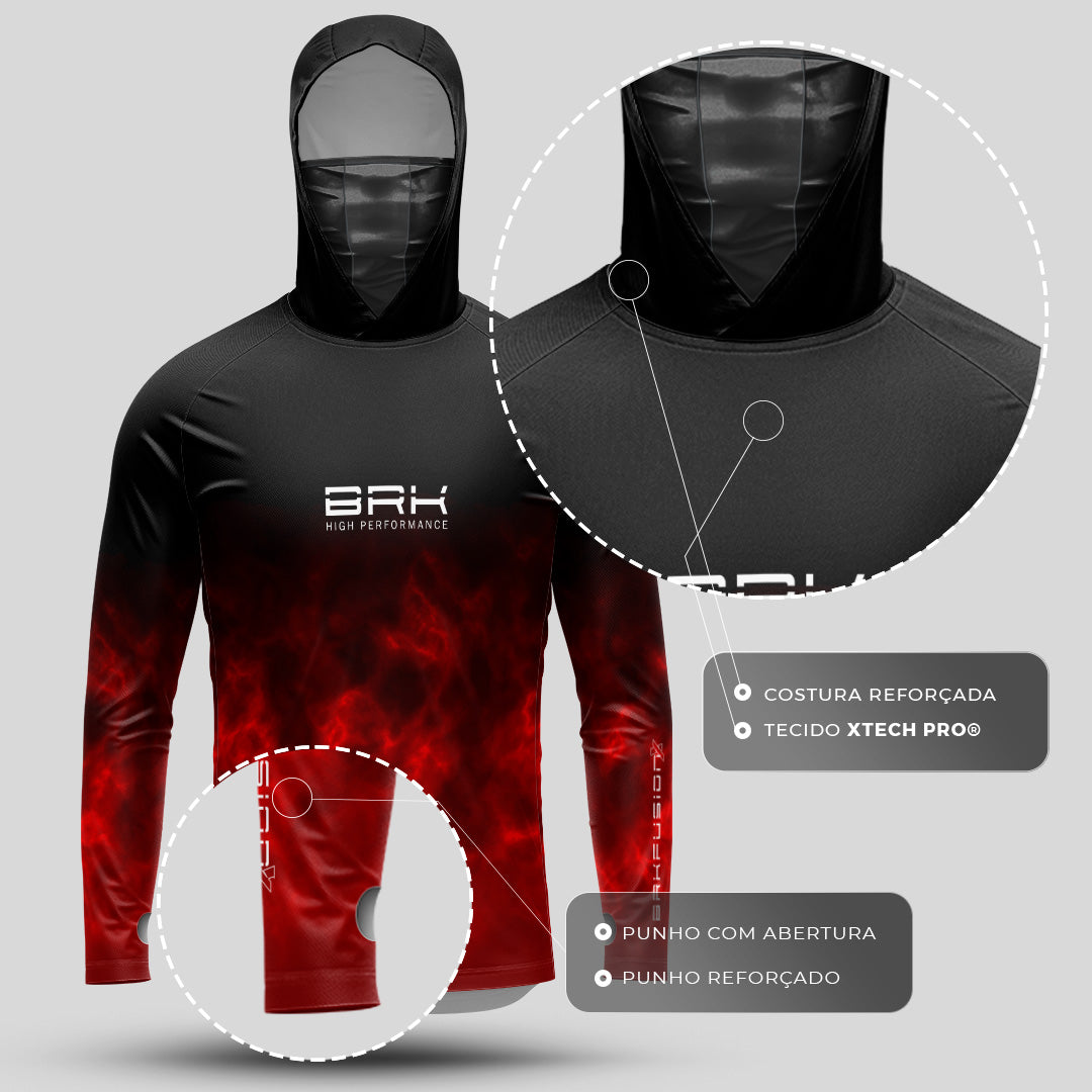 Camisa FusionX Brk Galaxy Preta e Vermelho com Capuz e Proteção UV50+