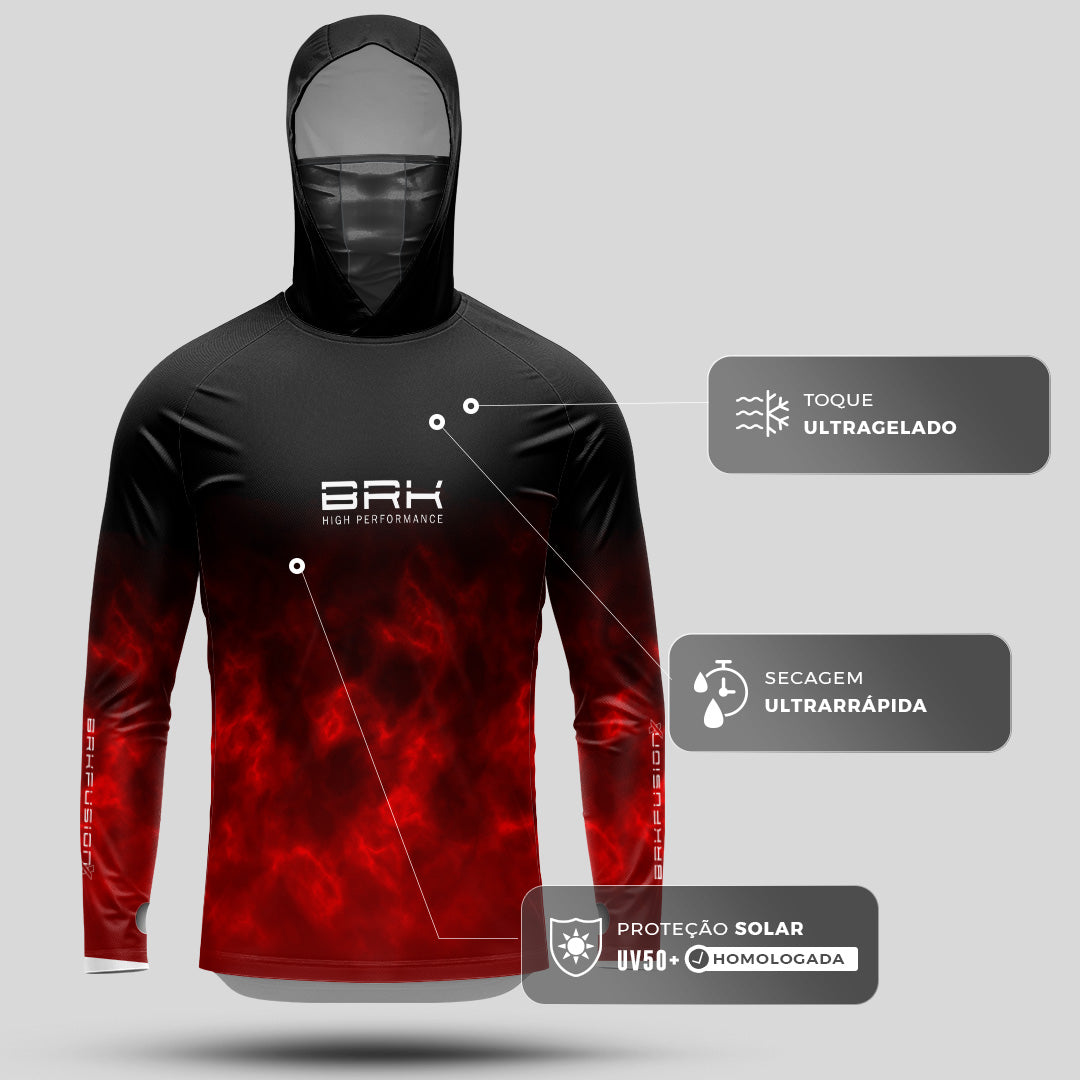 Camisa FusionX Brk Galaxy Preta e Vermelho com Capuz e Proteção UV50+
