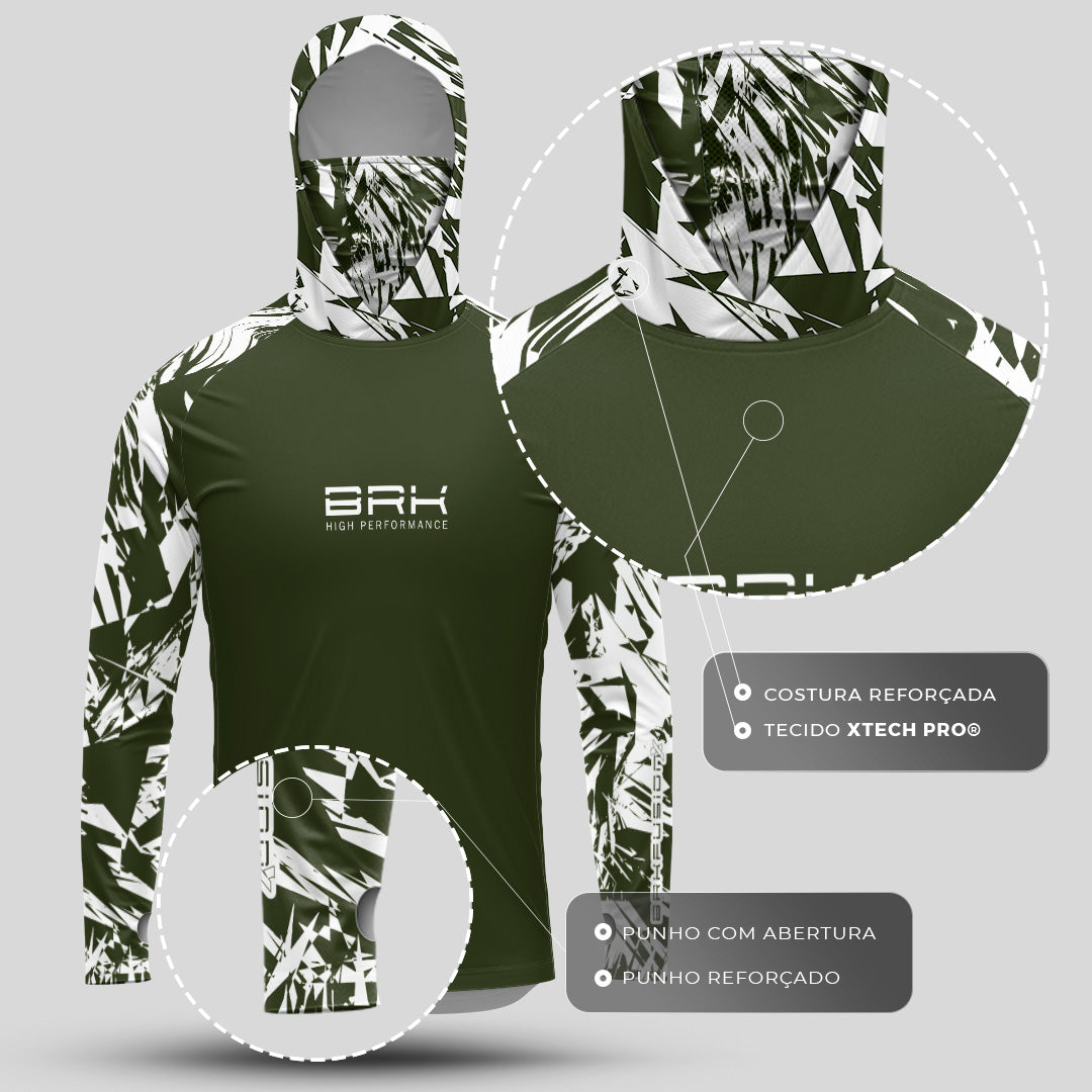 Camisa FusionX Brk Marine Verde Musgo e Branco com Capuz e Proteção UV50+