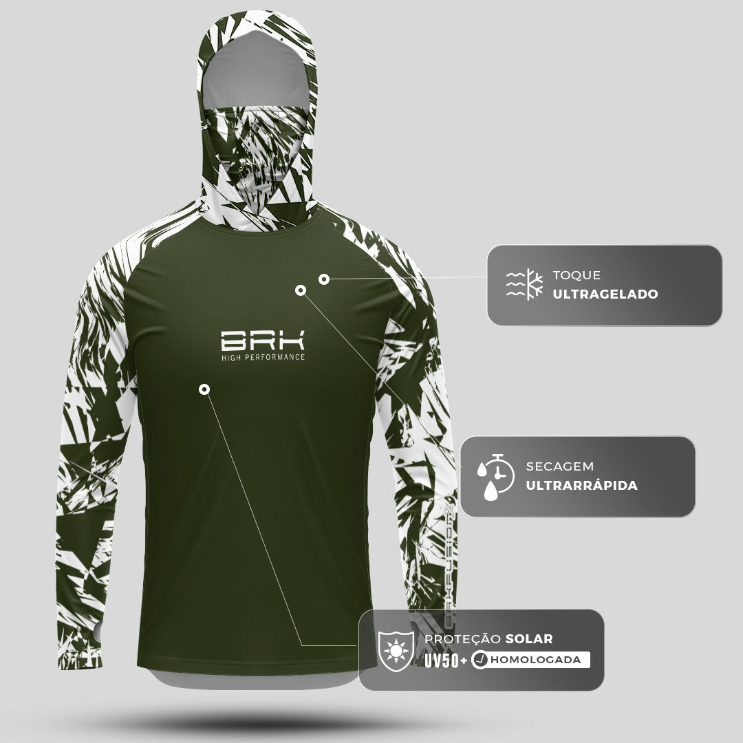 Camisa FusionX Brk Marine Verde Musgo e Branco com Capuz e Proteção UV50+