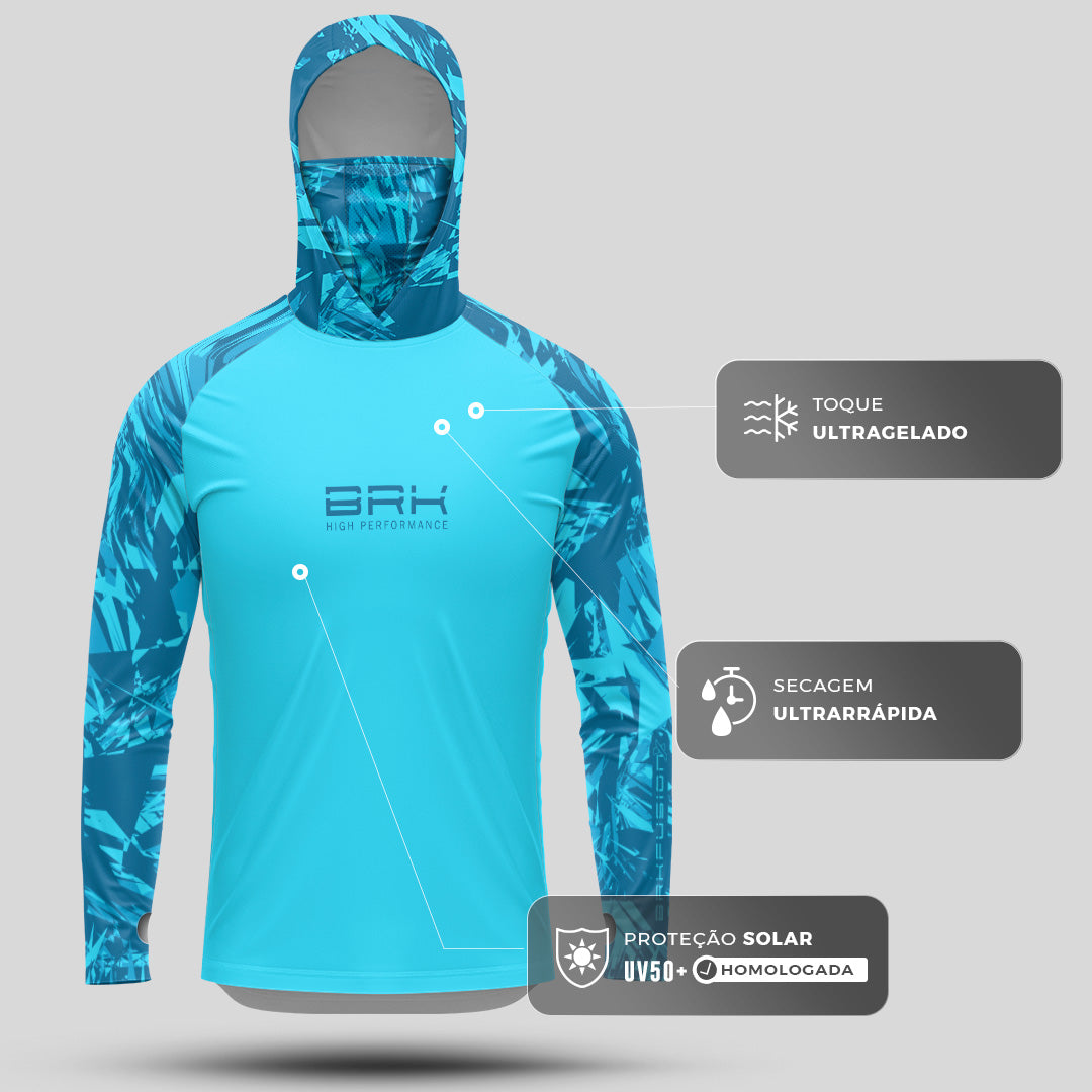 Camisa FusionX Brk Marine Azul Claro com Capuz e Proteção UV50+