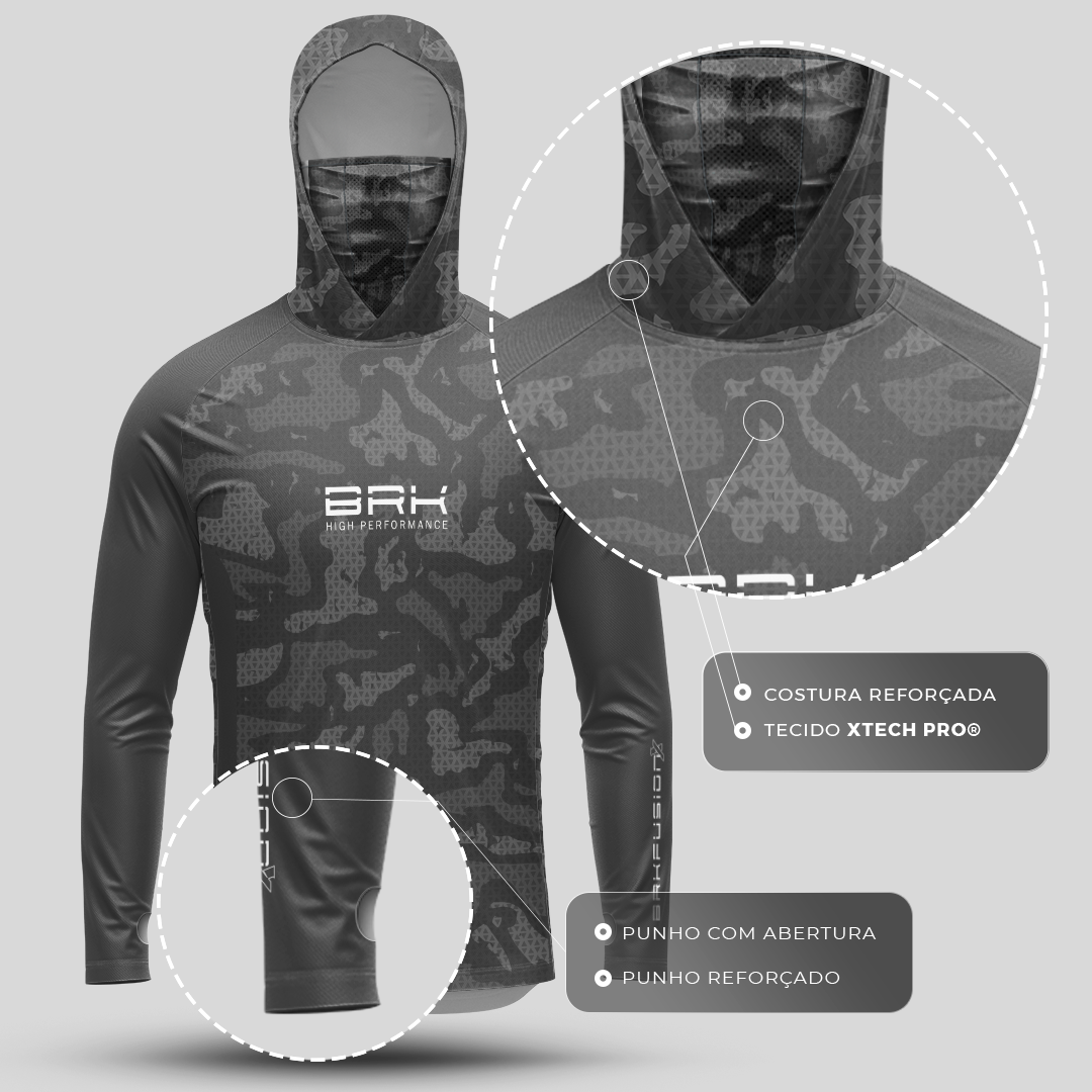 Camisa FusionX Brk Camo Cinza com Capuz e Proteção UV50+