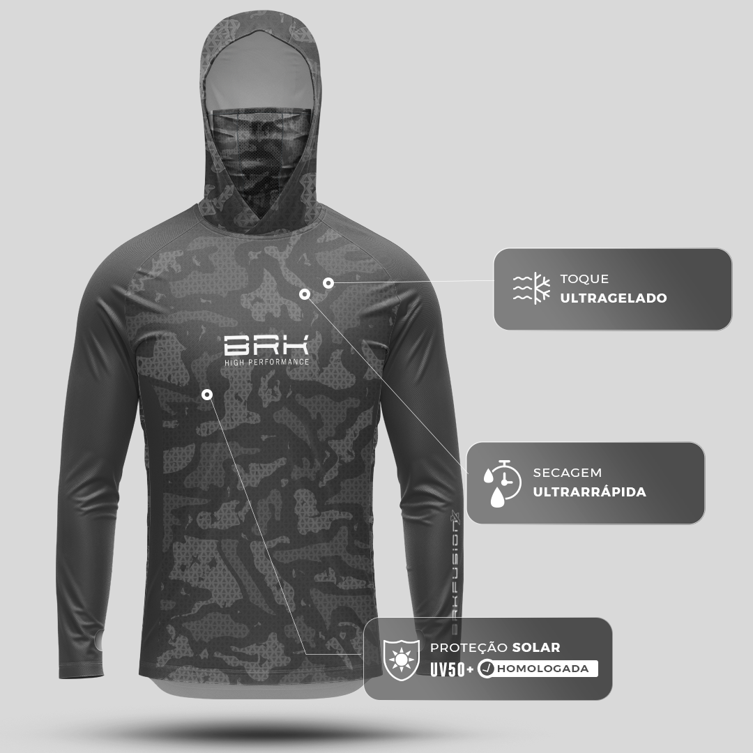 Camisa FusionX Brk Camo Cinza com Capuz e Proteção UV50+